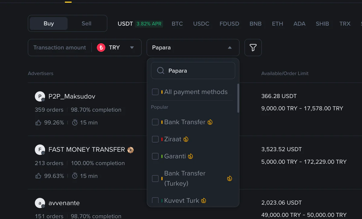 Binance P2P ekranında TRY ve Papara filtre seçimi