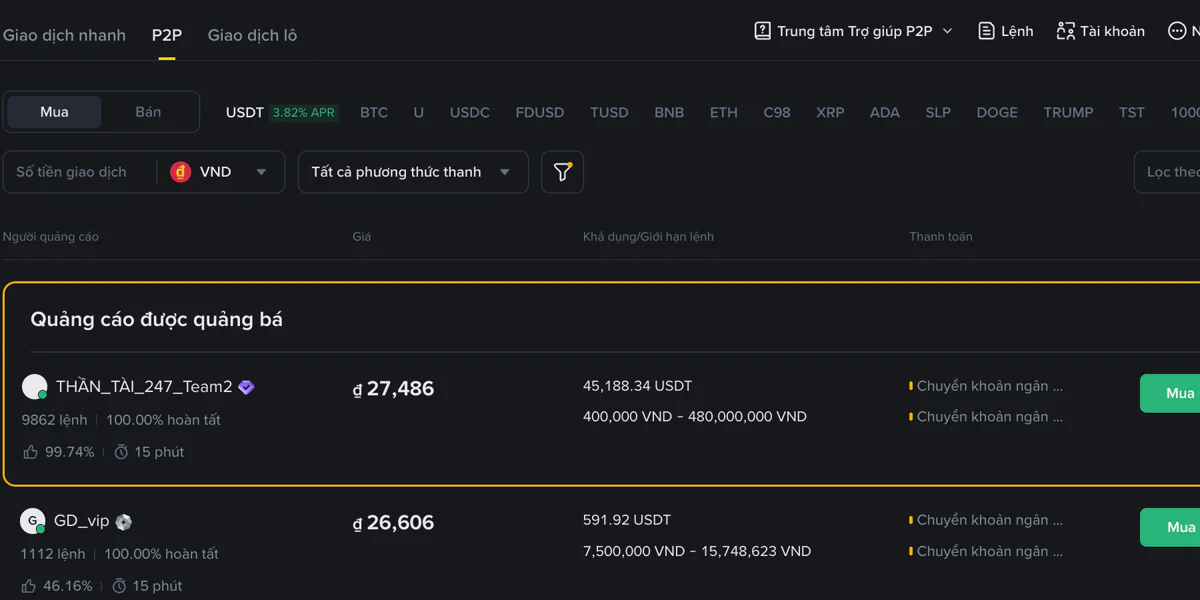 Màn hình bắt đầu giao dịch P2P trên Binance với bộ lọc và nút Mua