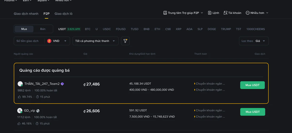 Giao diện mua USDT trên Binance P2P bằng VND
