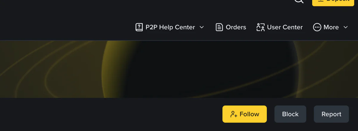 Trang hồ sơ đối tác Binance P2P với tùy chọn chặn và báo cáo